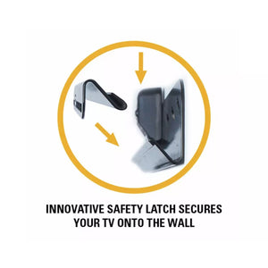 Diagram showing an innovative safety latch for securing a TV to the wall with text 'Innovative Safety Latch Secures Your TV onto the Wall'.