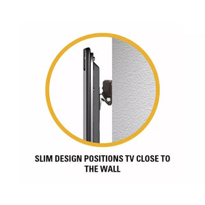 Slim design TV bracket attached to a wall with text indicating it positions TV close to the wall.
