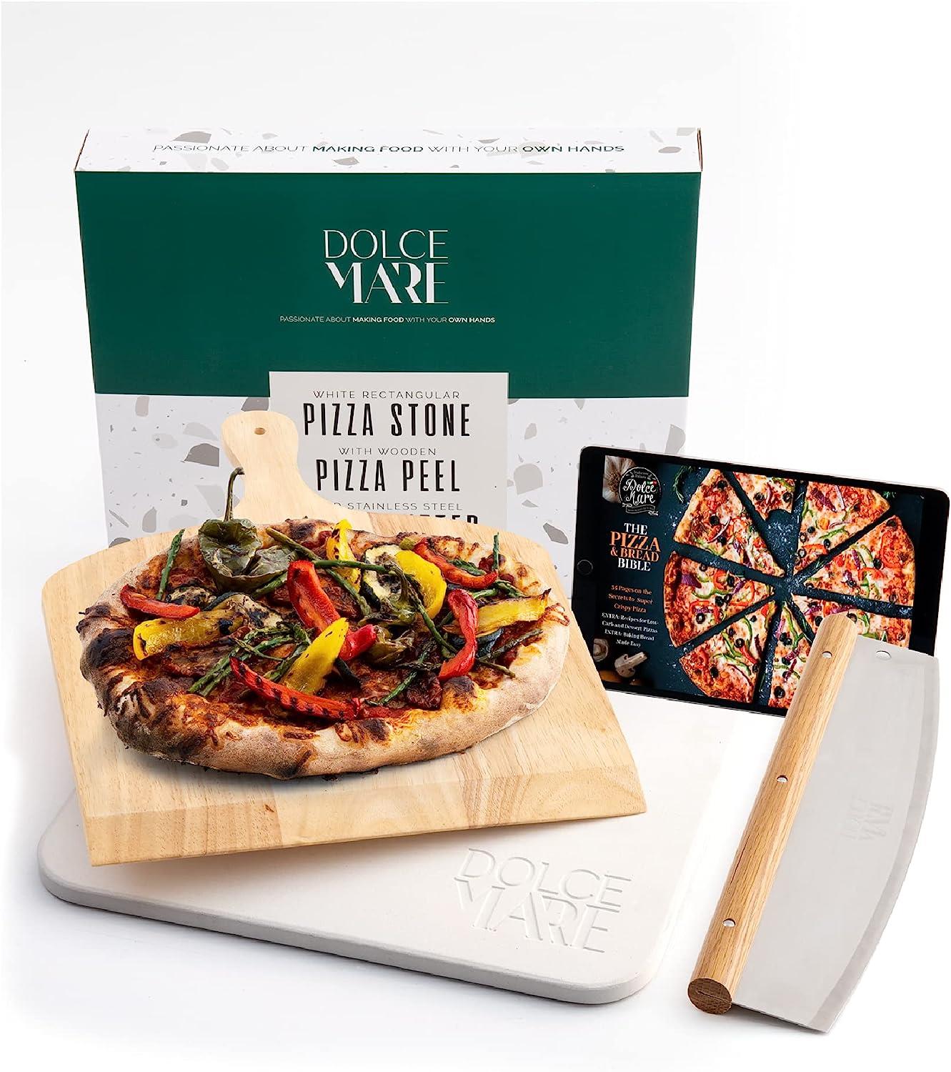 White Dolce Mare Pizza Stone Set - Cordierite Stone, Wooden Peel & Cutter SG-JANRI-0009/SG-JANRI-0002