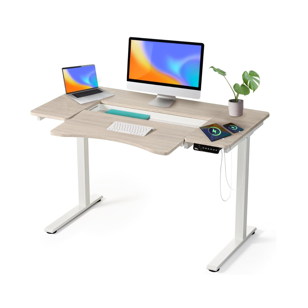 Smart Planner® Electric Standing Desk 120 x 60 cm with Storage Compartment - Height Adjustable Desk, Keyboard Tray, Digital Control Panel, USB Port - Light Wood