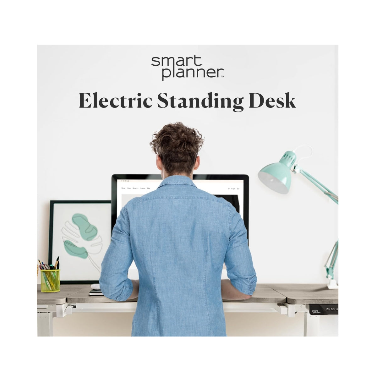 Smart Planner® Electric Standing Desk 120 x 60 cm with Storage Compartment - Height Adjustable Desk, Keyboard Tray, Digital Control Panel, USB Port - Light Wood