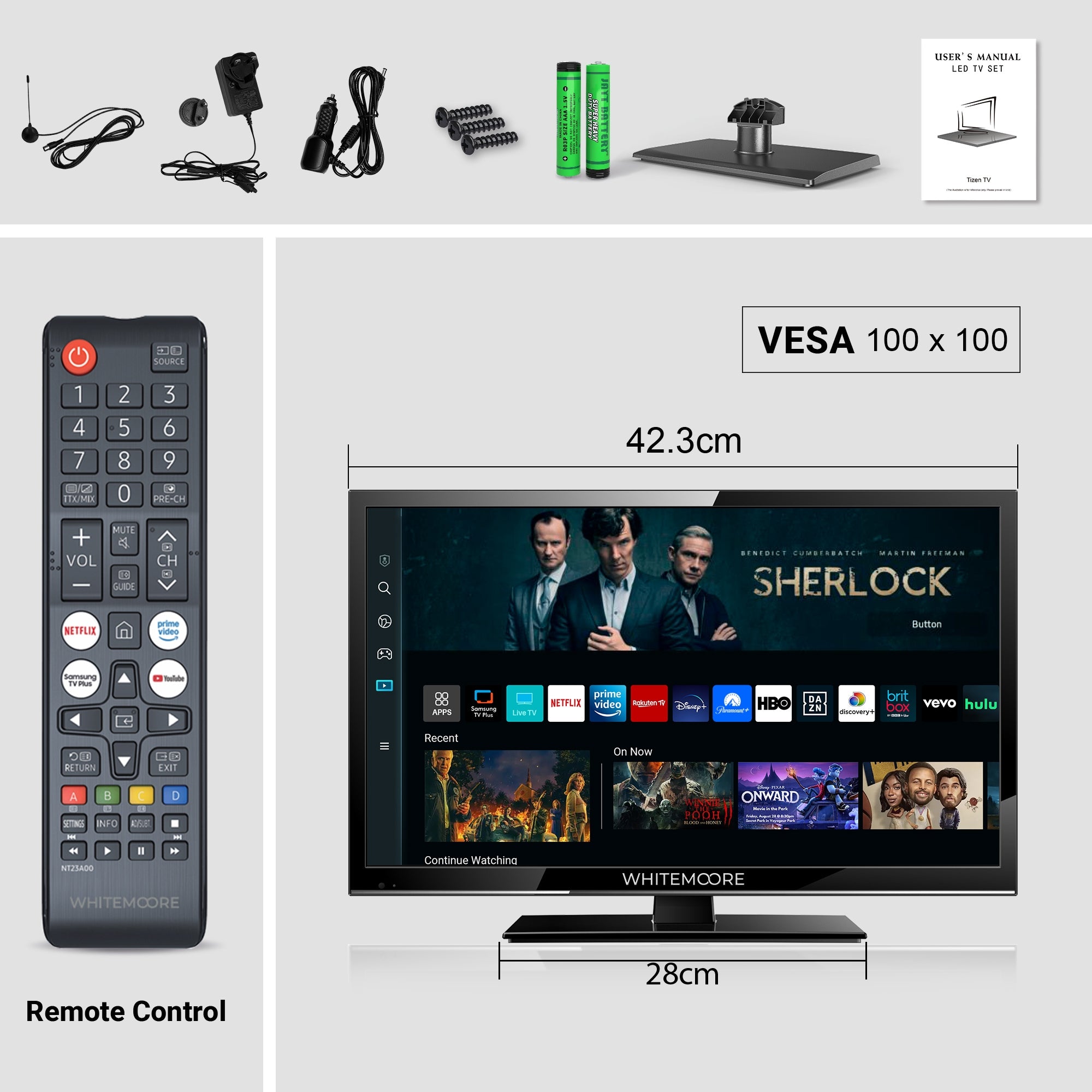 Whitmore TV set with remote control, cables, and accessories on a grey background
