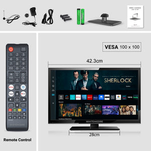 Whitmore TV set with remote control, cables, and accessories on a grey background