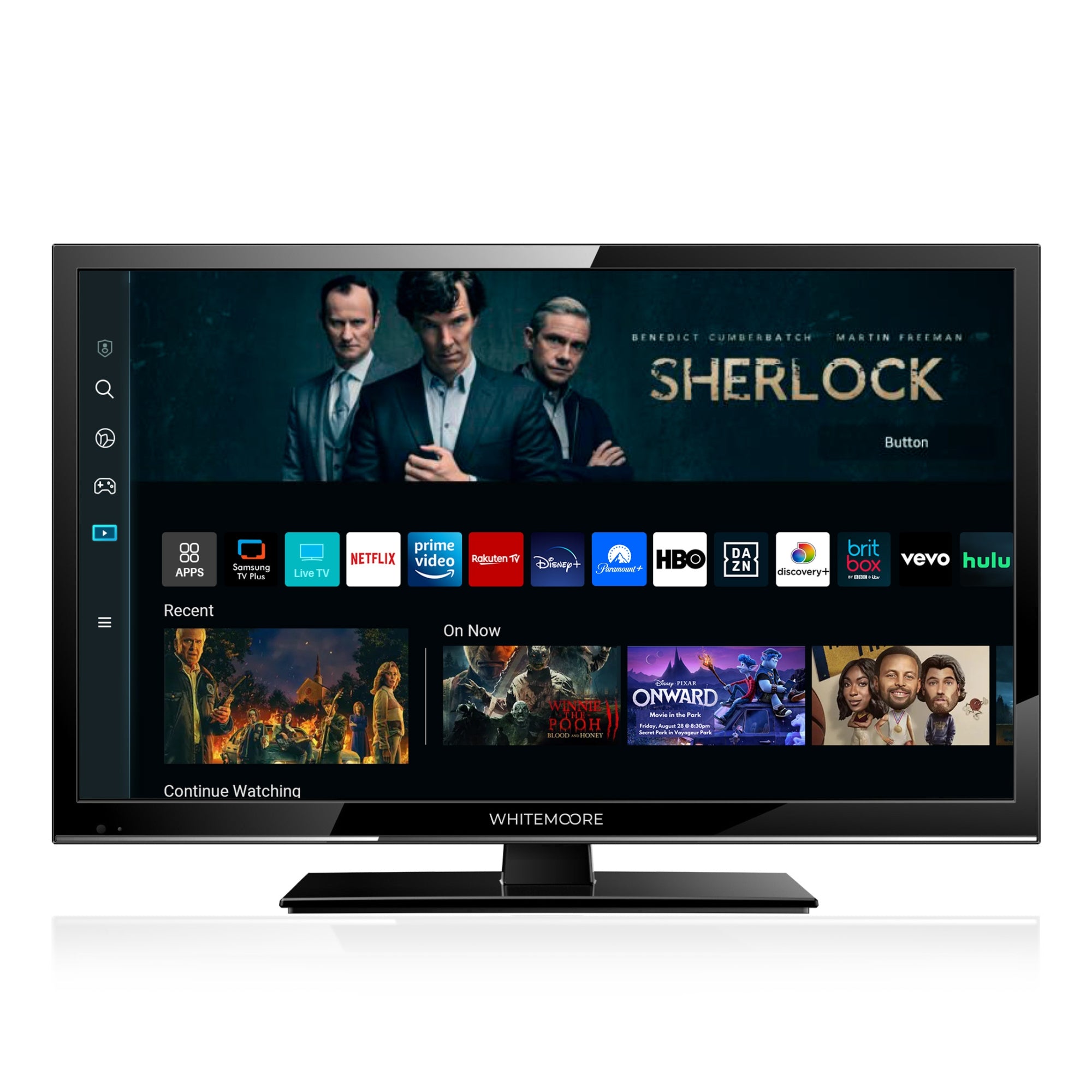 Smart TV displaying a streaming platform interface with various app icons.