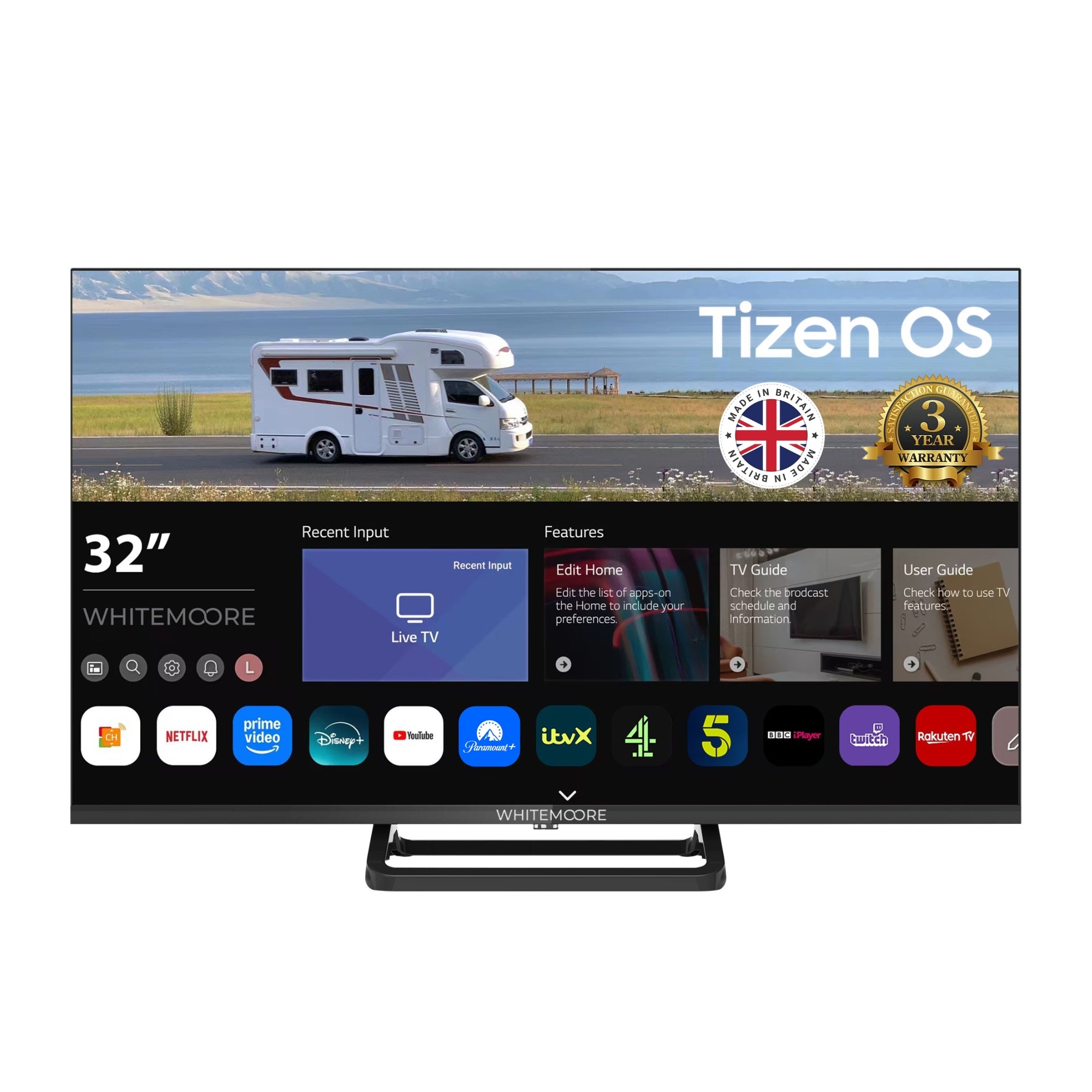 Whitemoore 32” 12V/24V Smart TV – Tizen OS, WiFi, Freeview, Netflix, Prime, HDMI/USB, for Caravan/Truck/Boat, 3-Year Warranty