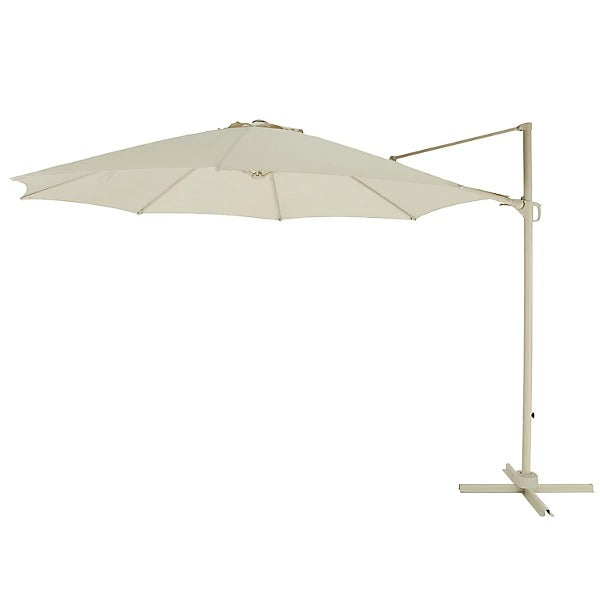 Cream patio umbrella with a stand on a white background