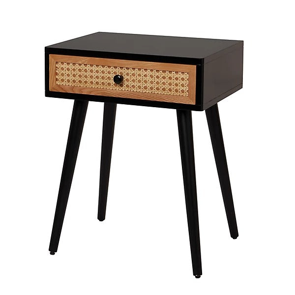 Leona Matt Black Rattan Effect 1 Drawer Bedside Table (H)580mm (W)450mm (D)450mm