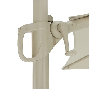 Close-up of cream umbrella stand with handle on a white background