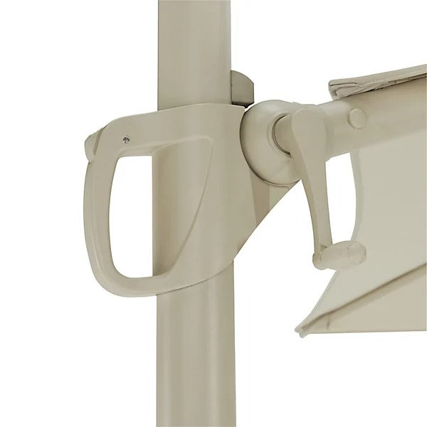 Close-up of cream umbrella stand with handle on a white background