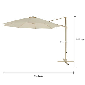 Cream patio umbrella with stand and measurement details on a white background