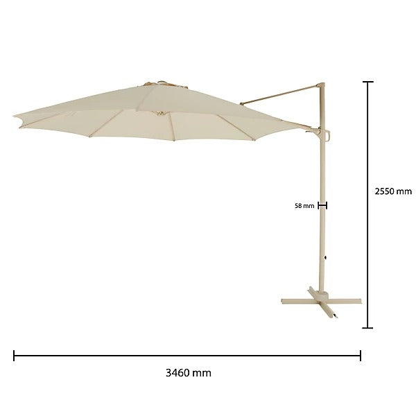 Cream patio umbrella with stand and measurement details on a white background