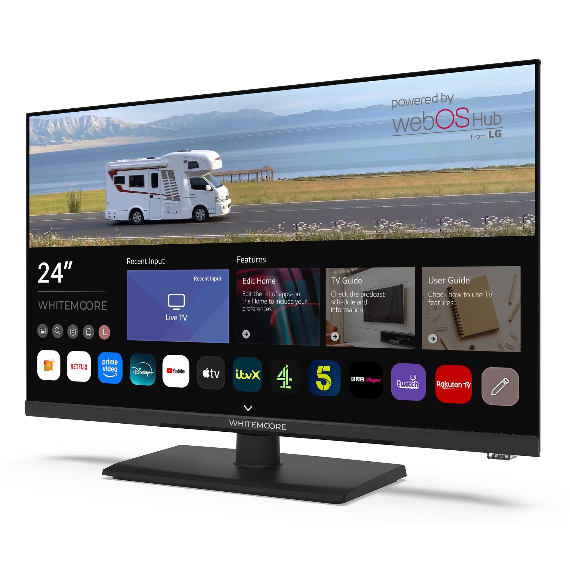 Whitemoore 24” 12V/24V Smart TV – Full HD, Frameless, WebOS, WiFi, Bluetooth, Freeview, Saoview, Netflix, Prime, Airplay, HDMI/USB, for Caravan/Truck/Boat, 3-Year Warranty